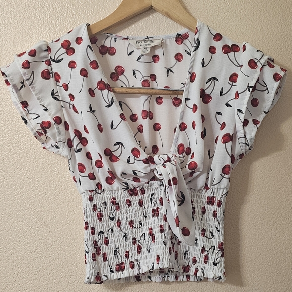 no frills Tops - Cherry Print Tie-Front Top XS